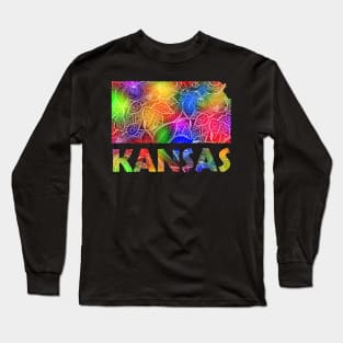 Colorful mandala art map of Kansas with text in multicolor pattern Long Sleeve T-Shirt